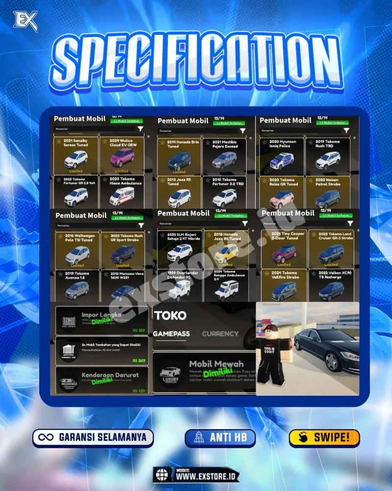 LIMITED CARS 12 + GAMEPASS 3