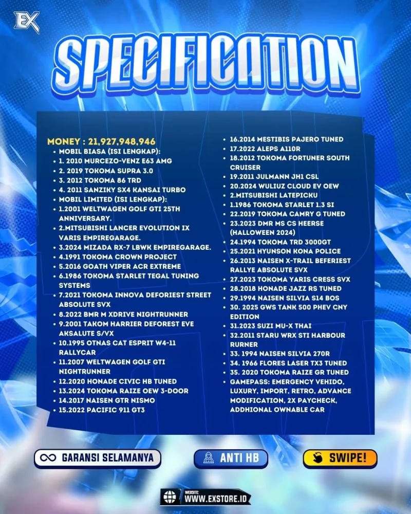 LIMITED CARS 35 + GAMEPASS 6
